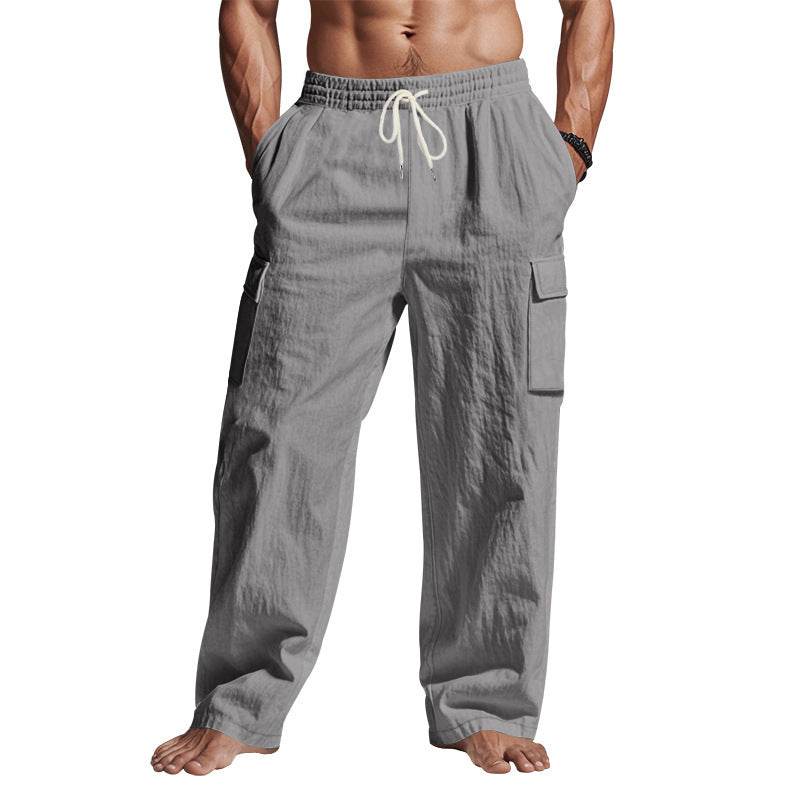 Men's Workwear Multi-pocket Straight Linen Pants Linen Four Seasons Thin Breathable Cargo Pants, Multi-pocket Loose Casual Trendy Wide-leg Pants - Velora