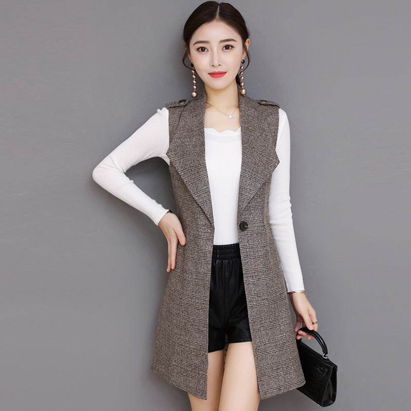 Plaid Long Blazer Vest Women Sleeveless Jacket - Velora