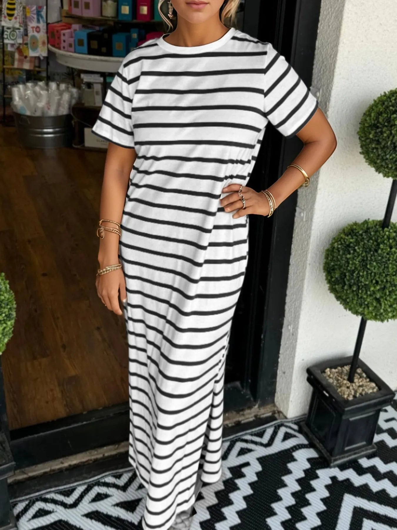 Full Size Striped T-Shirt Maxi Dress with Side Slit Plus Size - Velora