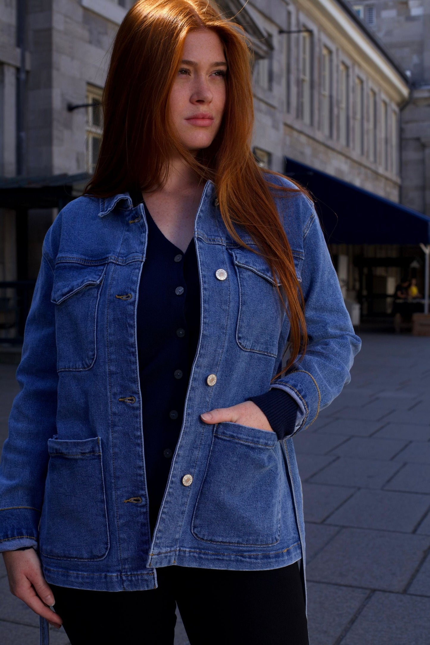 Sabrina Women's Belted Jean Jacquard Jacket With Pockets - Velora Luxury Fashion