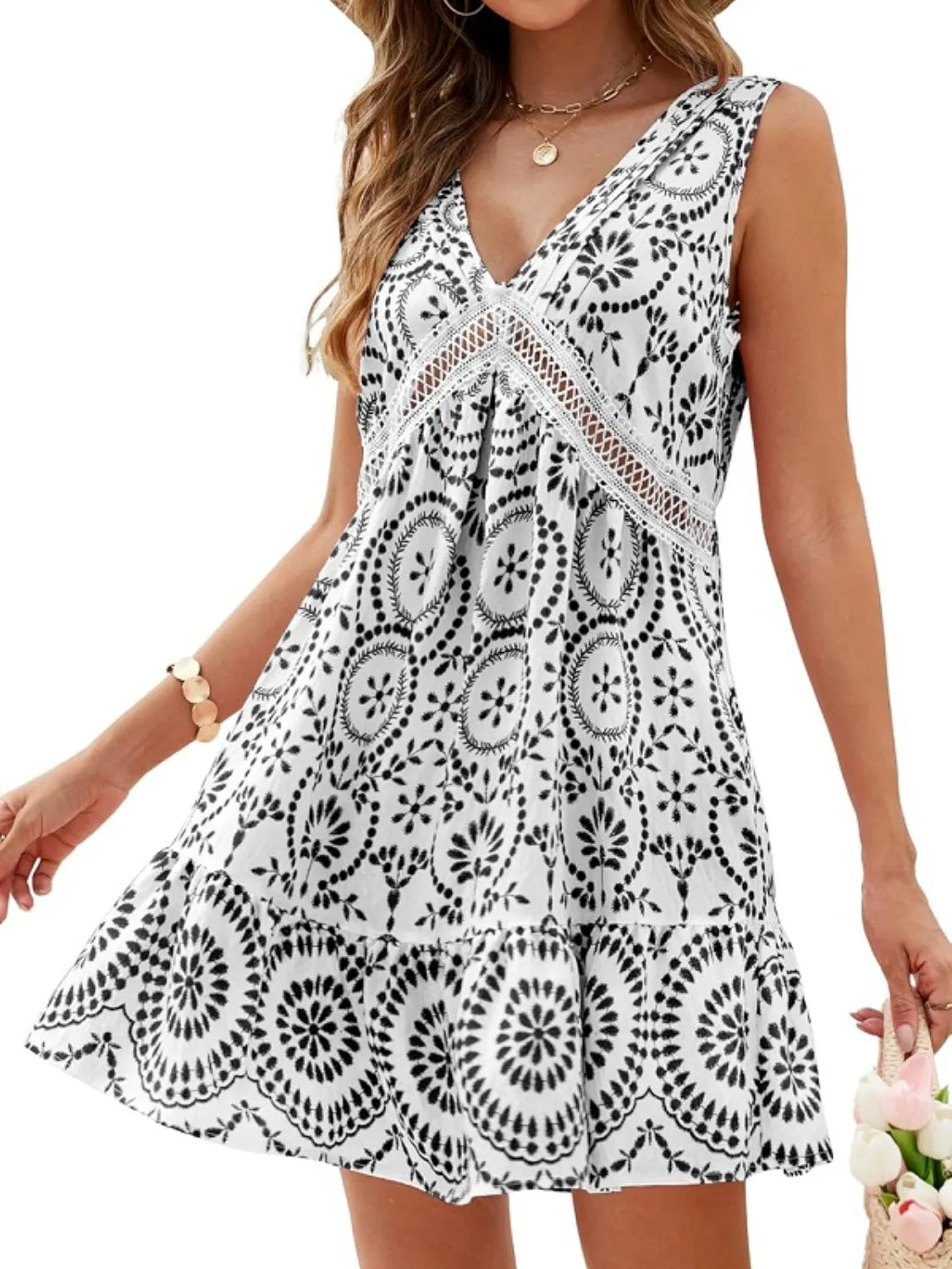 Printed V-Neck Sleeveless Mini Dress - Velora