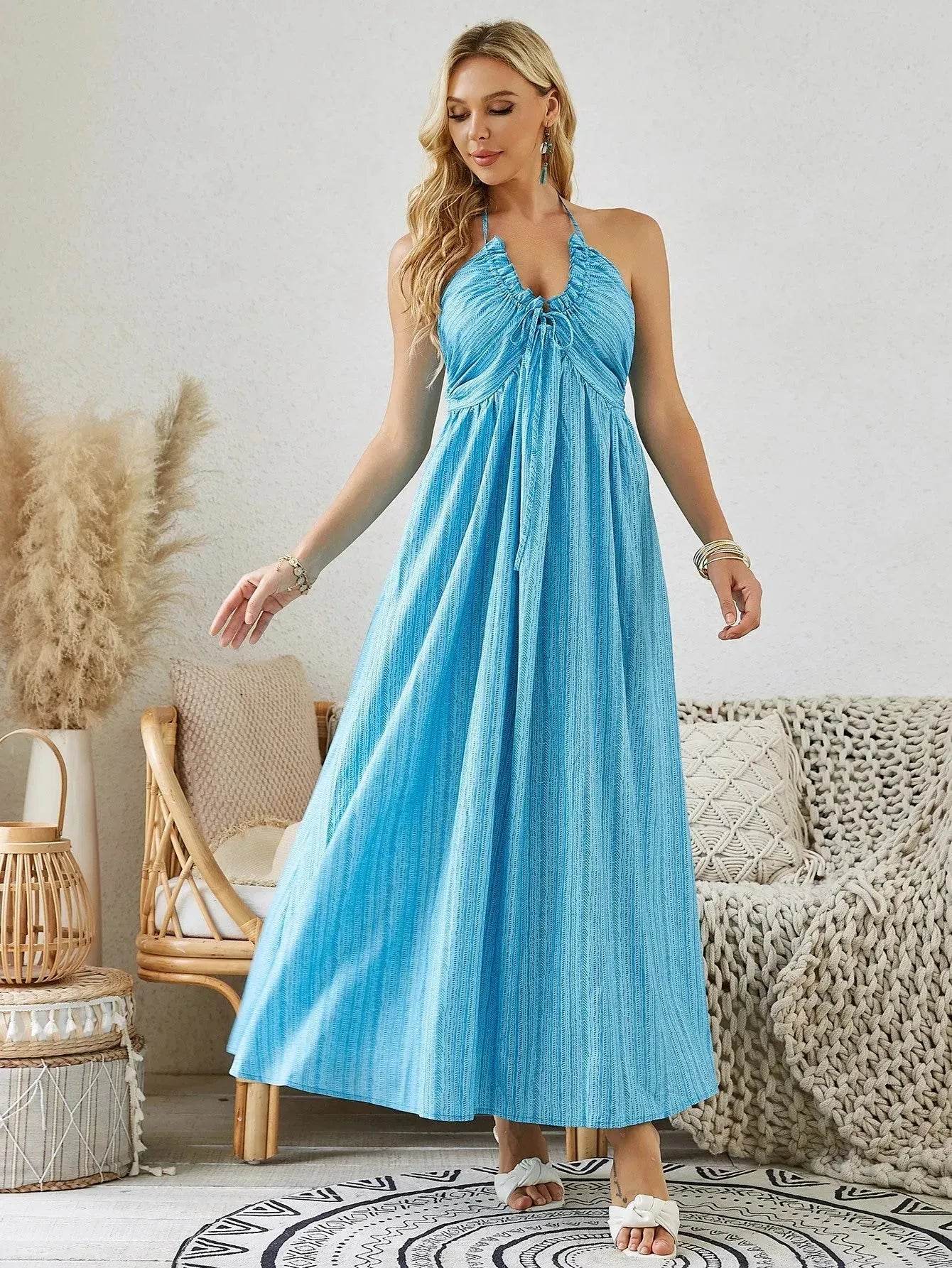 Bohemian Halter Maxi Dress - Women's Summer Sleeveless Flowy Beach Dress - Velora