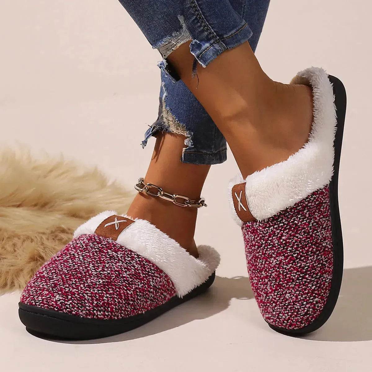 Winter Plush Slippers Fashion Thick Bottom Warm House Shoes For Women Men Indoor Bedroom Floor Slipper - Velora
