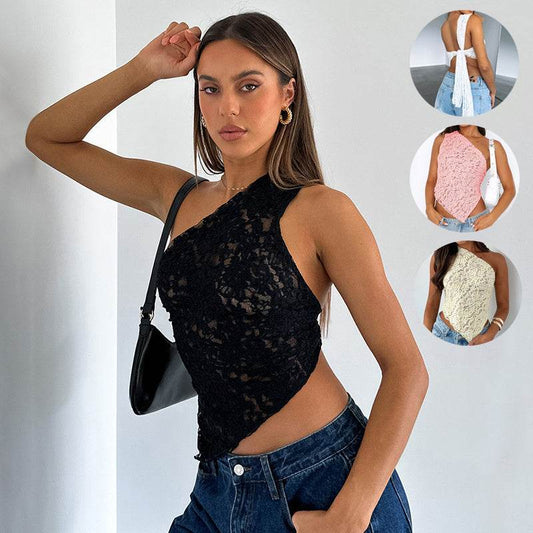 Ins Lace Backless Top Summer Solid Color Waistless Asymmetrical Sloped Neck Vest Streetwear Womens Clothes - Velora