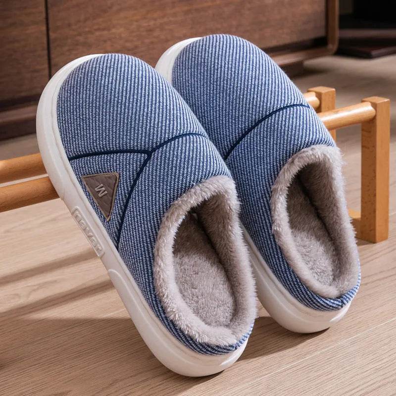 Solid Striped Home Slippers Winter Warm Fleece Shoes Men Indoor Bedroom Floor Plush Slippers For Women Couple - Velora