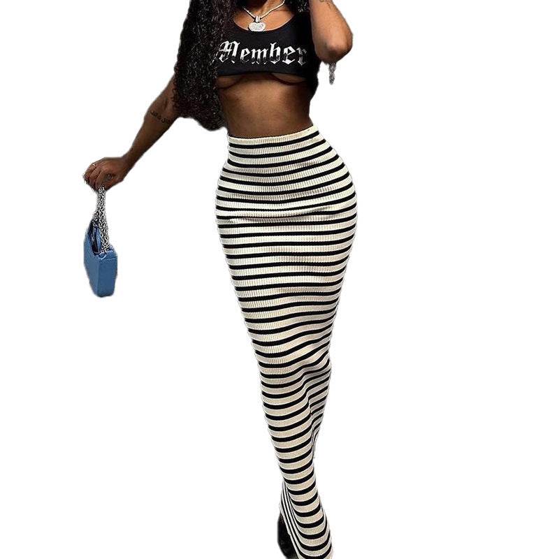 High-waisted Black And White Striped Straight Long Pencil Skirt - Velora
