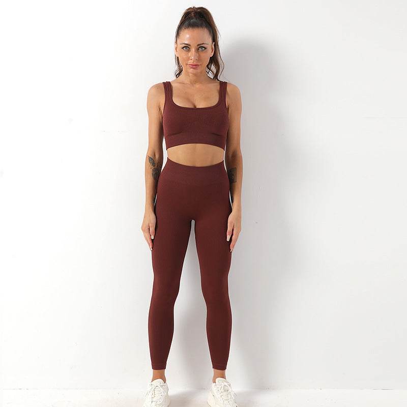 2pcs Thread Yoga Suit Seamless Bra And Butt Lifting High Waist Leggings Set For Women Sports Fitness Yoga Pants Sportswear Outfits Clothing - Velora