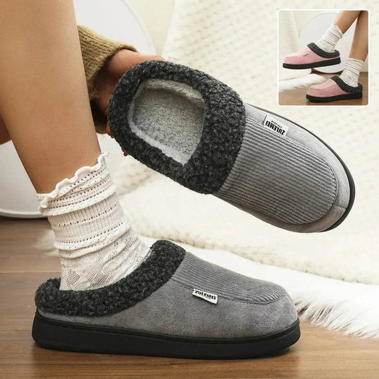 Fashion Solid Striped Cotton Slippers Winter Warm Indoor Bedroom Floor Slipper For Couples Non-slip Thick Sole House Shoes - Velora