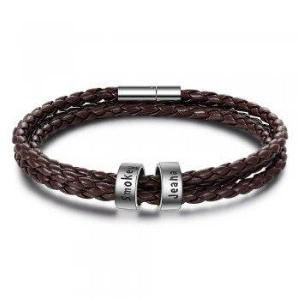 Personalized Mens Braided Genuine Leather Bracelet Stainless Steel Custom Beads Name Charm Bracelet For Men With Family Names - Velora