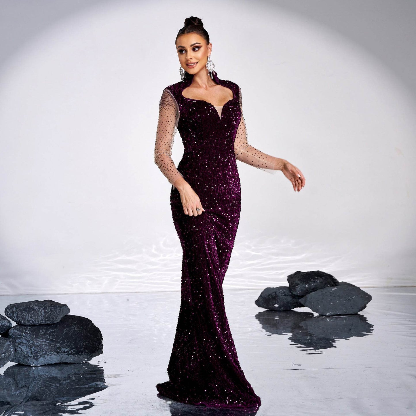 Long Sleeve Banquet Sequined Rhinestone Mermaid Party Dress - Velora