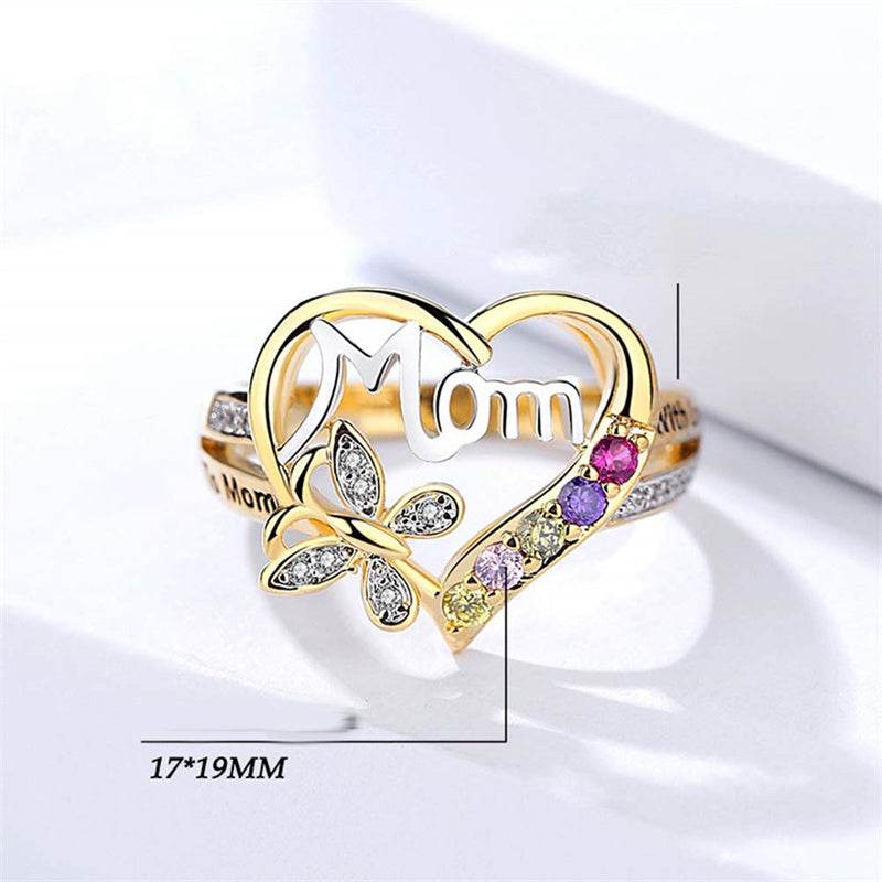 Mother's Day Gift Hollow Heart English Letter Love Mom Rhinestone Butterfly Finger Ring Jewelry Gift - Velora