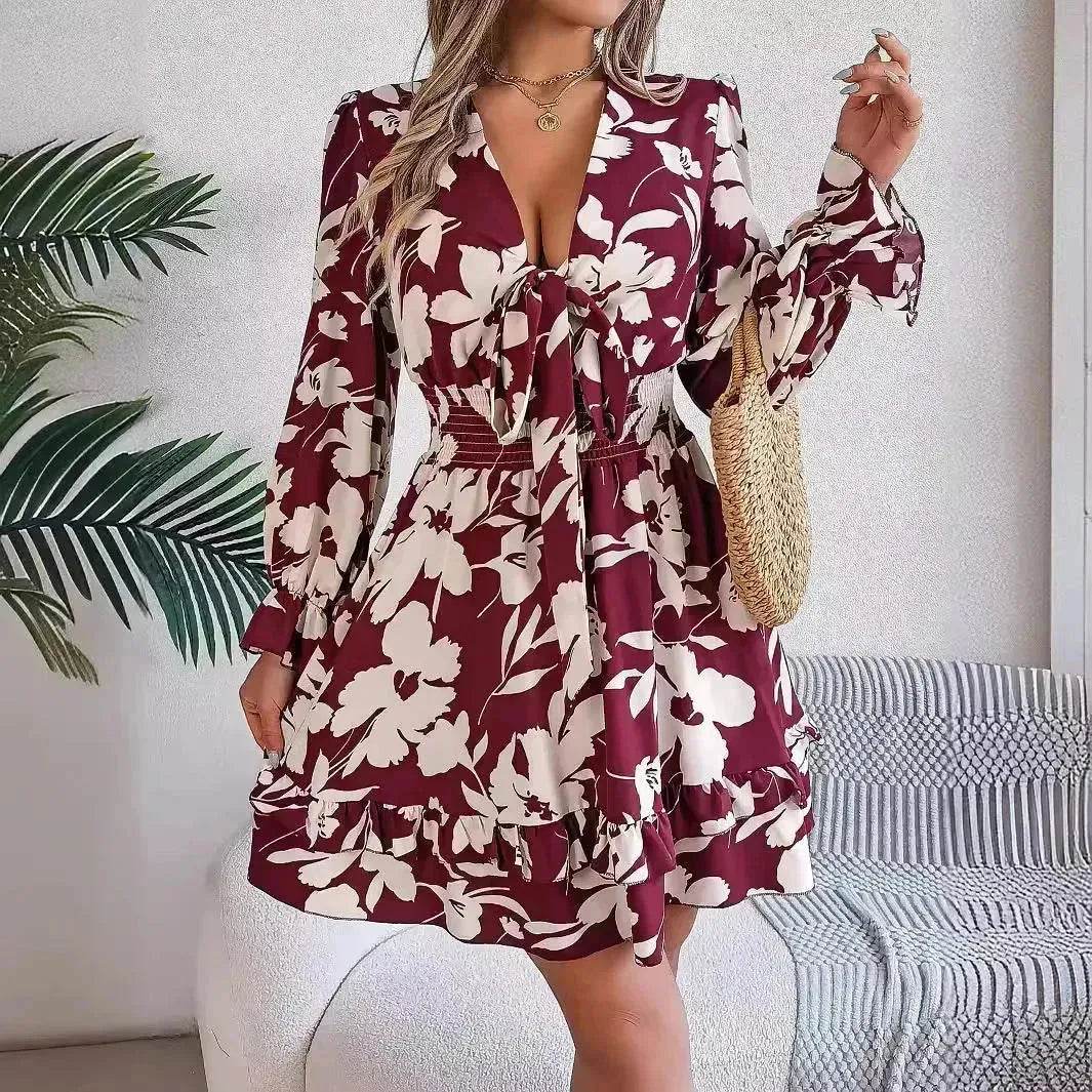 New Floral Printed V-Neck Long Sleeve Dress Fashion Ruffles Bowknot A-Line Short Mini Skater Dress Women's Clothing - Velora