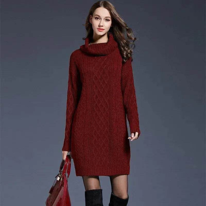 New Autumn Winter Solid Knitted Oversized Mini Turtleneck Sweater Dress - Velora
