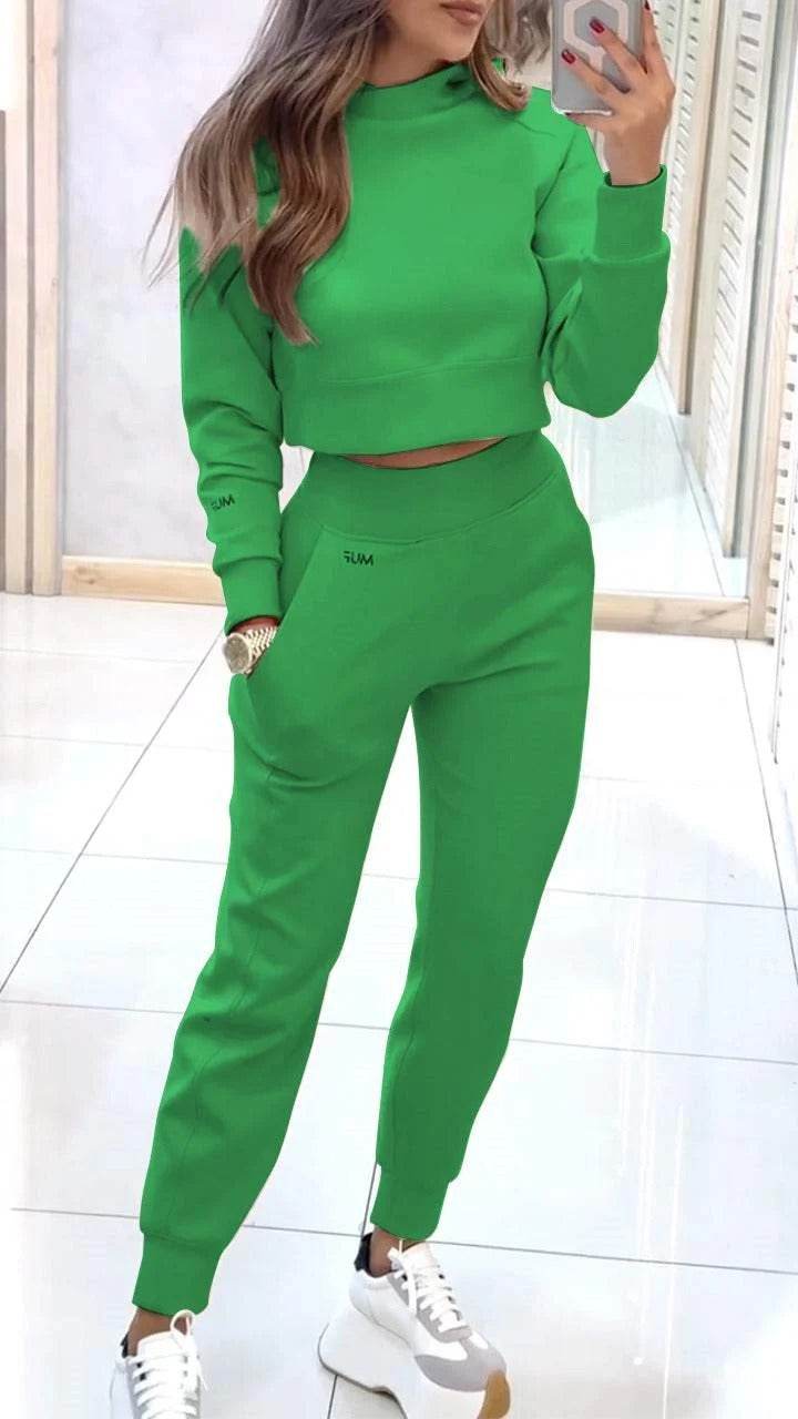 Stand Collar Sports Suit Fashion Pullover Long-sleeves Short Top And Slim Trousers With Pockets Solid Outfits Women's Clothing - Velora