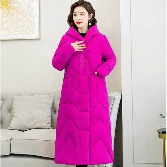 Plus Size Overknee Long Warm Hooded Cotton Jacket - Velora