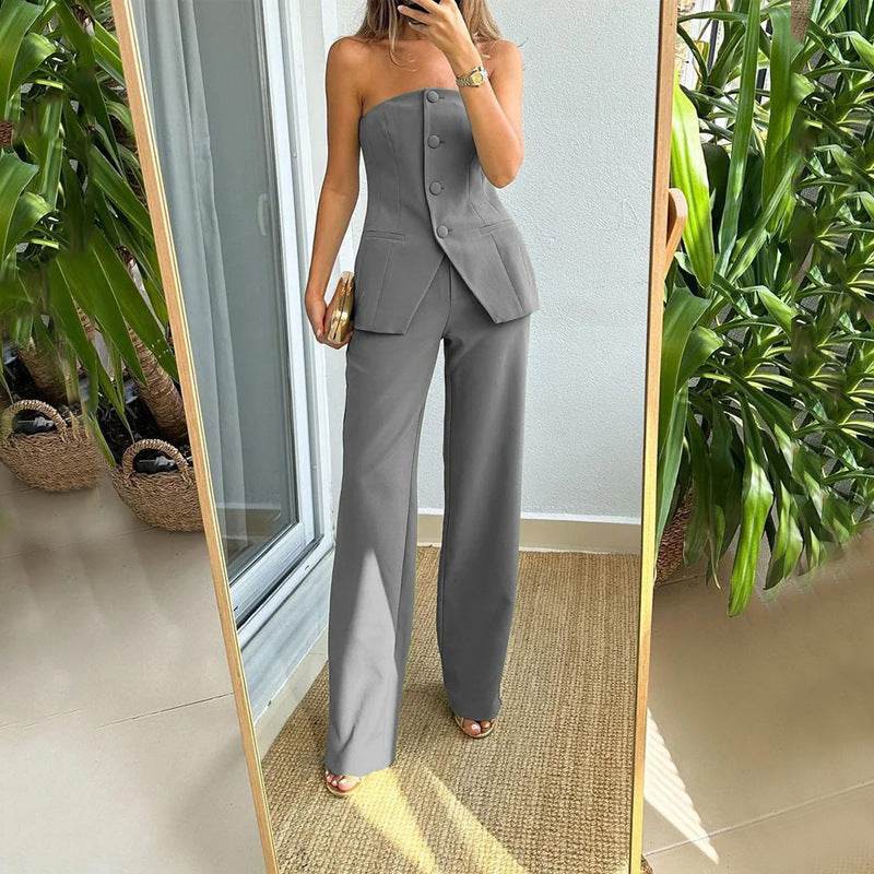 Graceful Tube Top Suit Fashion Button Sleeveless Top And Straight Pants Women's Trousers Set - Velora