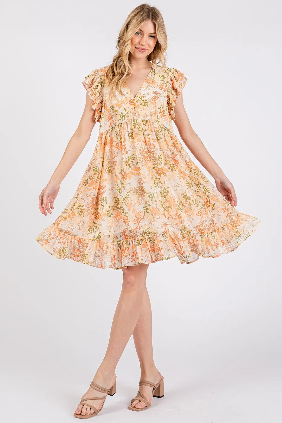 Mittoshop Floral Chiffon Ruffle Short Sleeve Mini Dress - Velora