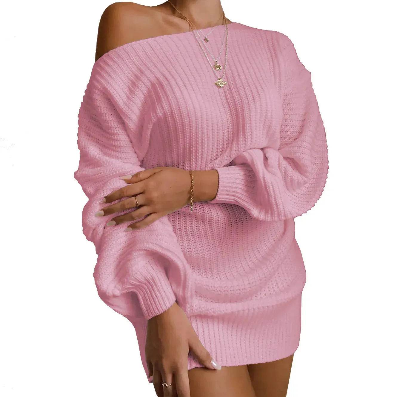 Autumn Winter Slant Shoulder Off Lantern sleeve Mini knitted wool sweater dress - Velora