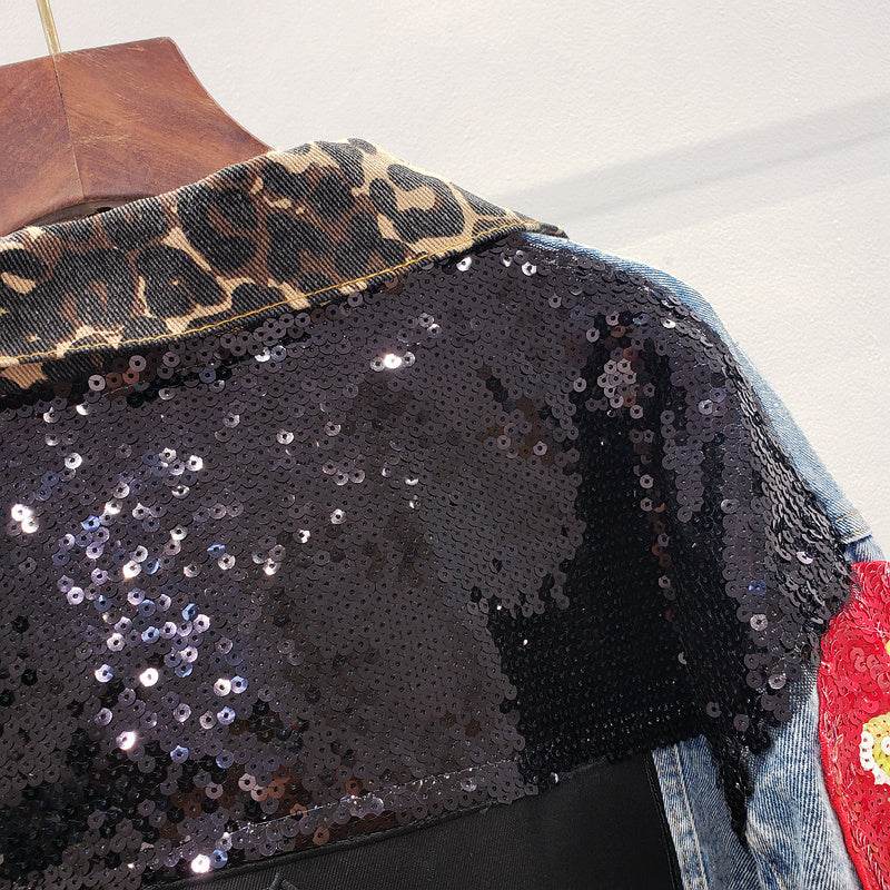 Single Breasted Embroidered Leopard Collar Denim Jacket Women - Velora
