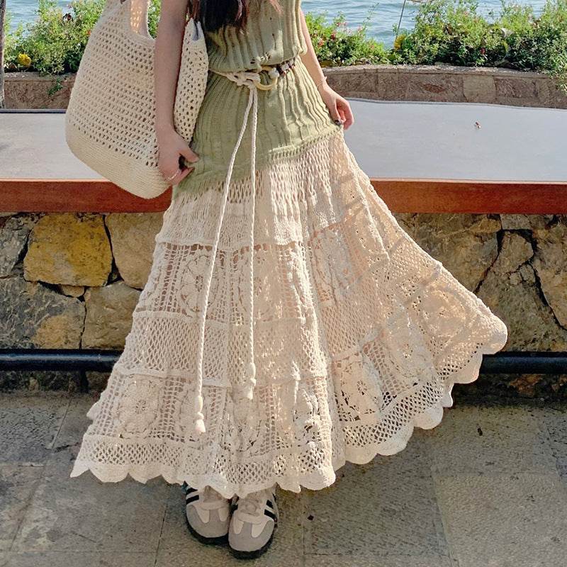 Retro Vacation Style Crocheted Hollow Beige Maxi Skirt - Velora