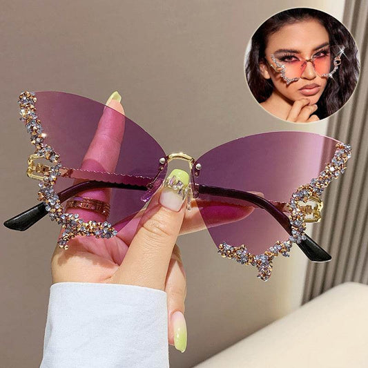 Luxury Diamond Butterfly Sunglasses Women Brand Y2K Vintage Rimless Oversized Sun Glasses Ladies Eyewear Shades - Velora
