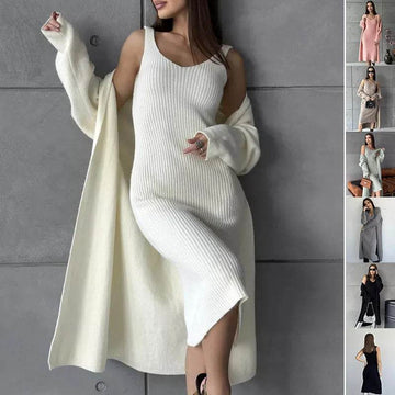 Women 2pcs Winter outfit set  Long dress Cashmere Long Cardigan Jacket