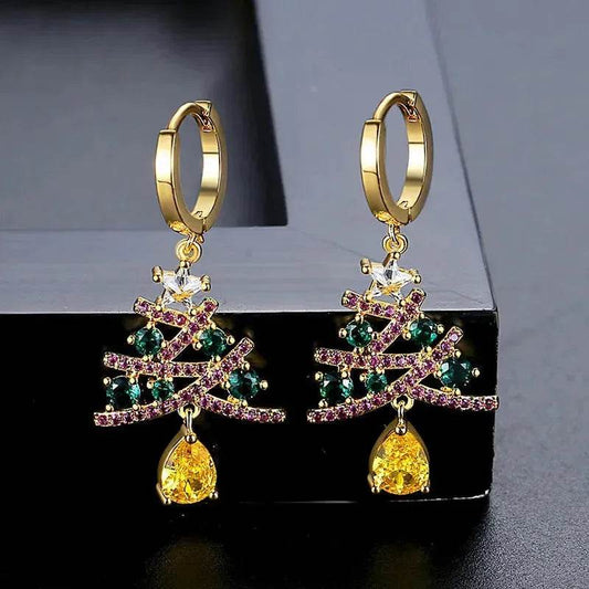 New Christmas Tree Earrings With Colorful Rhinestones Fashion Personality Shining Earrings Gift For Women Jewelry - Velora