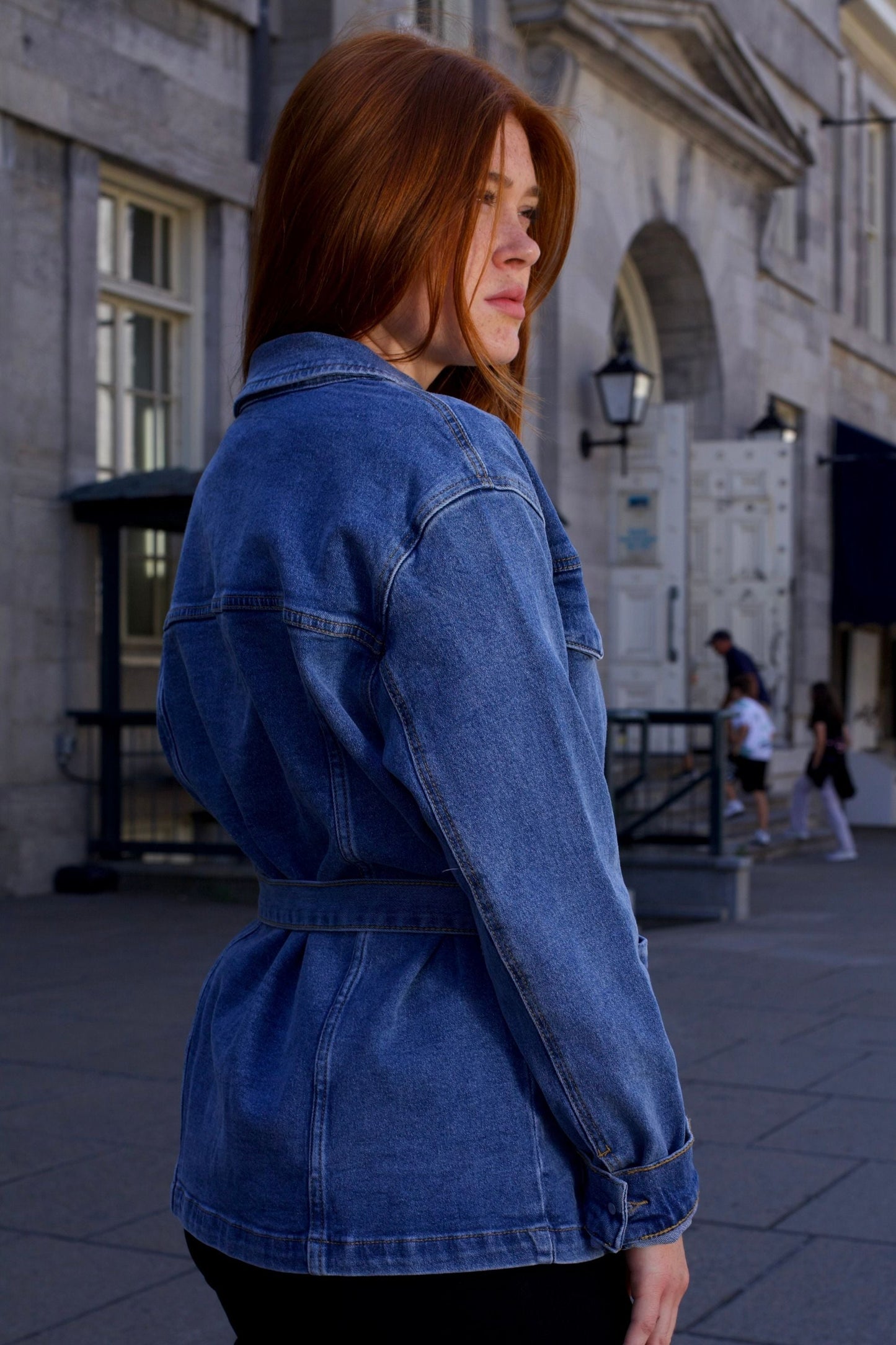 Sabrina Women's Belted Jean Jacquard Jacket With Pockets - Velora Luxury Fashion