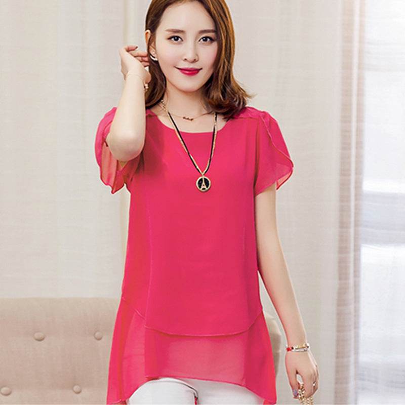 New Spring Summer Women Chiffon Loose Blouse top O-Neck Short sleeve Plus size - Velora