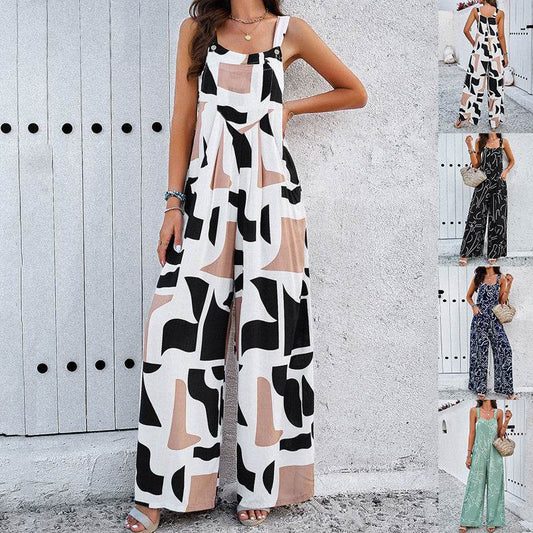 Fashion Print Square Neck Jumpsuit With Pockets Spring Summer Casual Loose Overalls Womens Clothing - Velora