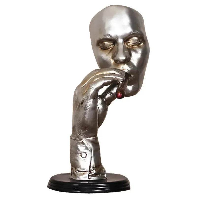 Retro Meditators Abstract Sculpture Man Smoking Cigar Face Statue. - Velora