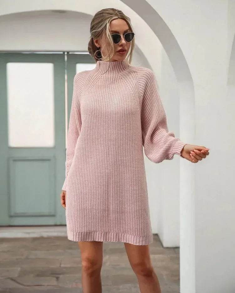 Winter Solid Knitted turtleneck sweater dress Mini - Velora