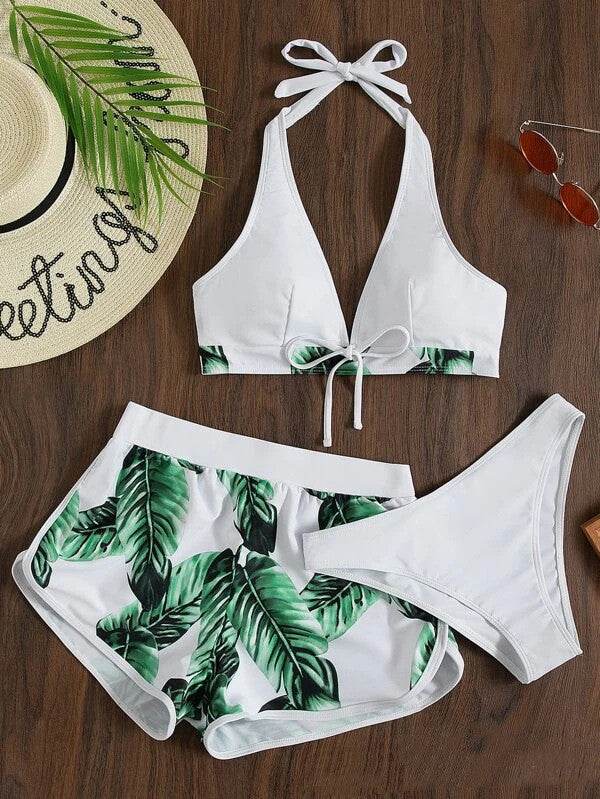 3pcs Leaf Print Bikini With Shorts Fashion Summer Beach Swimsuit Womens Clothing - Velora