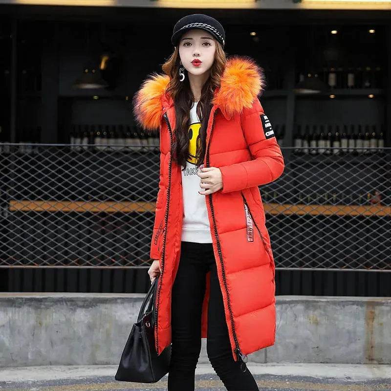 Long Zip up Faux fur Collar Hooded Winter Puffer coat women - Velora