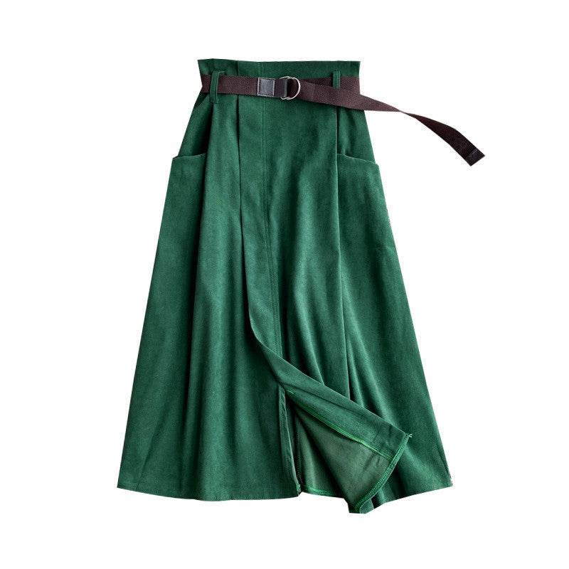 Solid Color Leisure Artistic Pocket High Waist Irregular flared Midi Skirt for work women - Velora