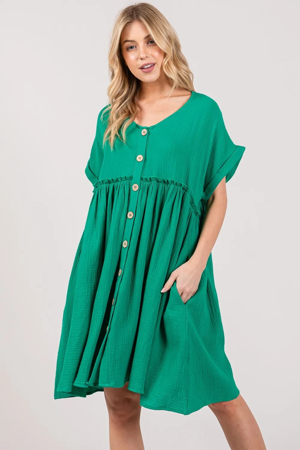 SAGE + FIG Full Size Button Up Short Sleeve Dress - Velora