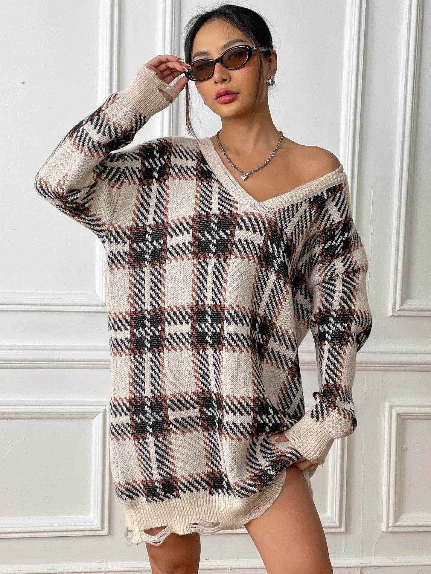 Deer Plush V-neck Long Sleeve Plaid Winter Jumper Mini dress - Velora