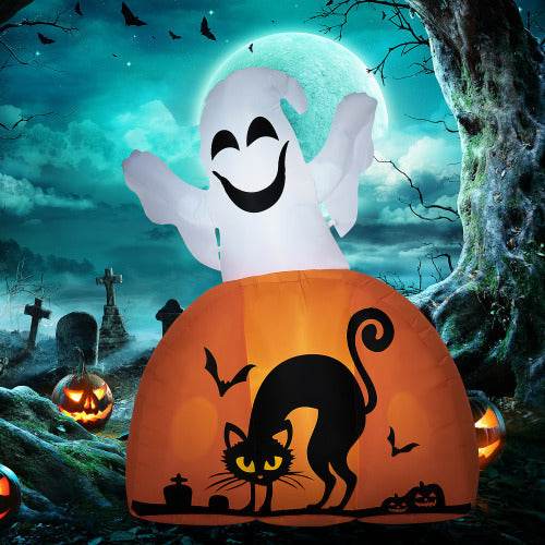 HOMCOM 5ft Halloween Inflatables Outdoor Decorations Ghost With Pumpkin, Outdoor Blow Up Yard Decor With LED Lights For Garden, Lawn, Party, Holiday - Velora