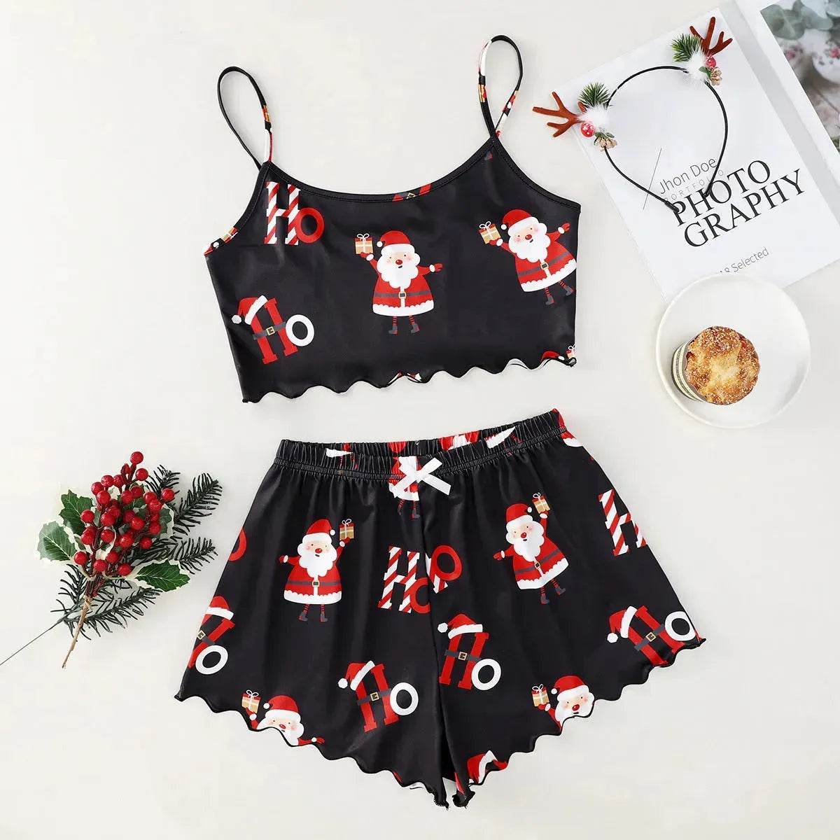 Christmas European And American Thin Pajamas Women's Sleeveless Shorts Milk Silk Simple Casual Two-piece Suit Homewear - Velora