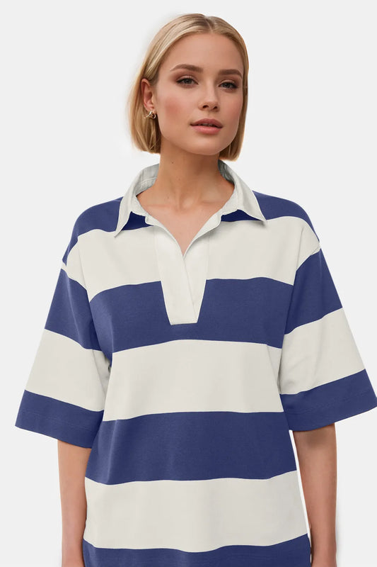 Oh Pima Cotton Wash Color Block Johnny Collar Half Sleeve Top - Velora