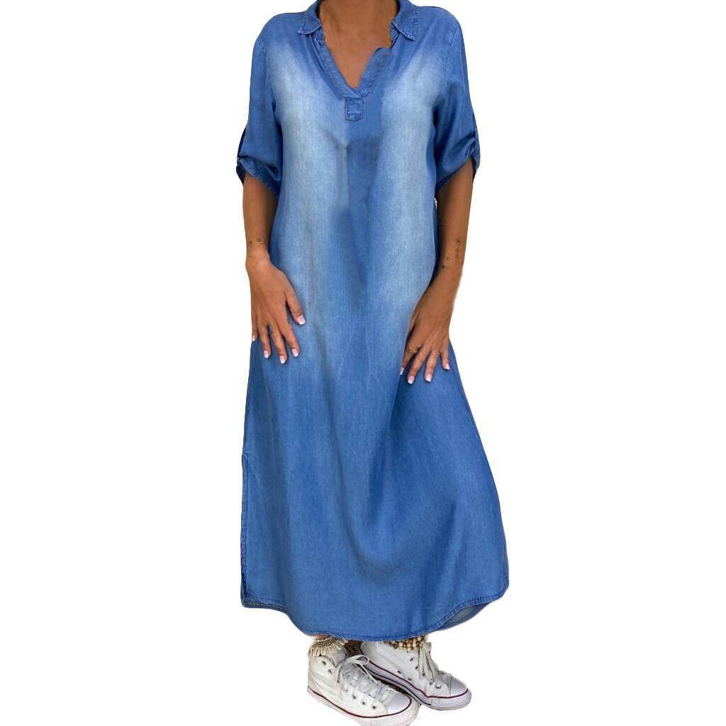 New washed denim dress Side Split Loose Mum Long Jeans Dress - Velora