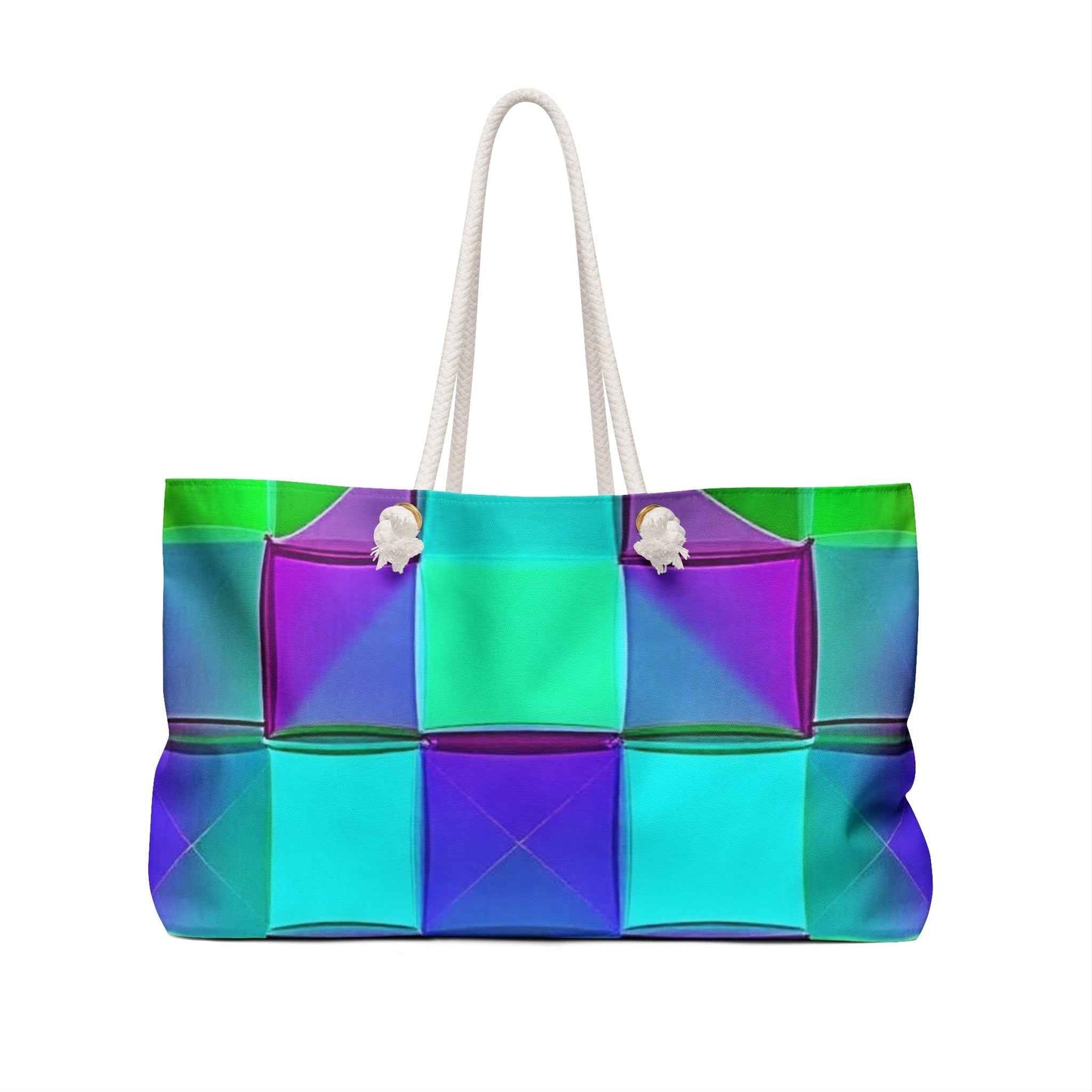 Teal Purple Geometric Pattern Weekender Bag | Colorful Cube Design, Large Tote Bag