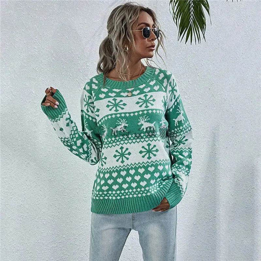 Elk Autumn And Winter New Knitted Round Neck Women's Christmas Snowflake Pullover Women's Sweater - Velora