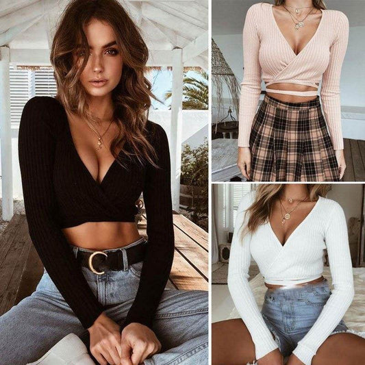 Sexy Women Ladies Summer Slim Crop Tops Long Sleeve T Shirt Casual Solid V Neck Knitted Short Tops - Velora
