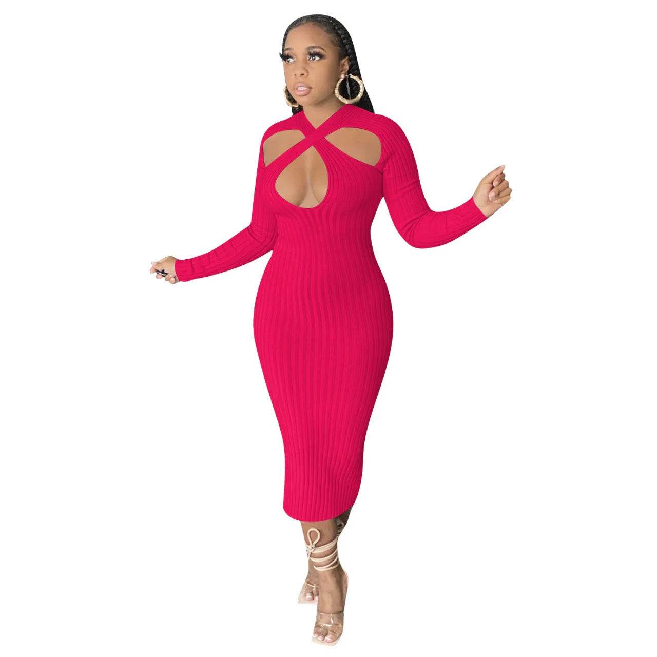 Chic V-neck Long Sleeve Midi Party Club Bodycon Pencil Dress - Velora
