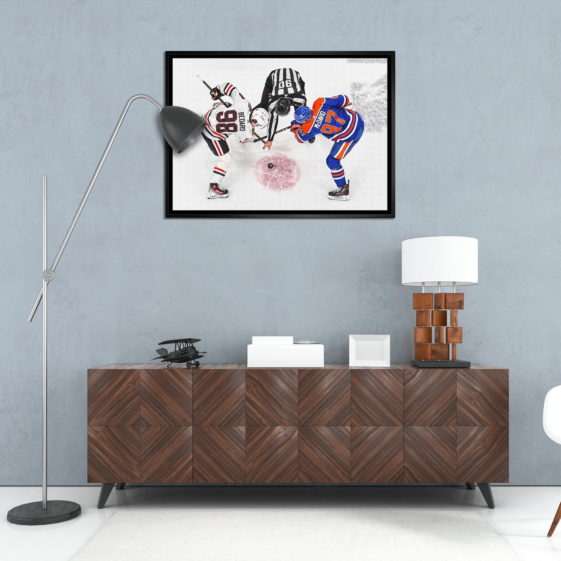 Connor Bedard and Connor McDavid 20x29 Framed Canvas Blackhawks Frameworth Sports Marketing