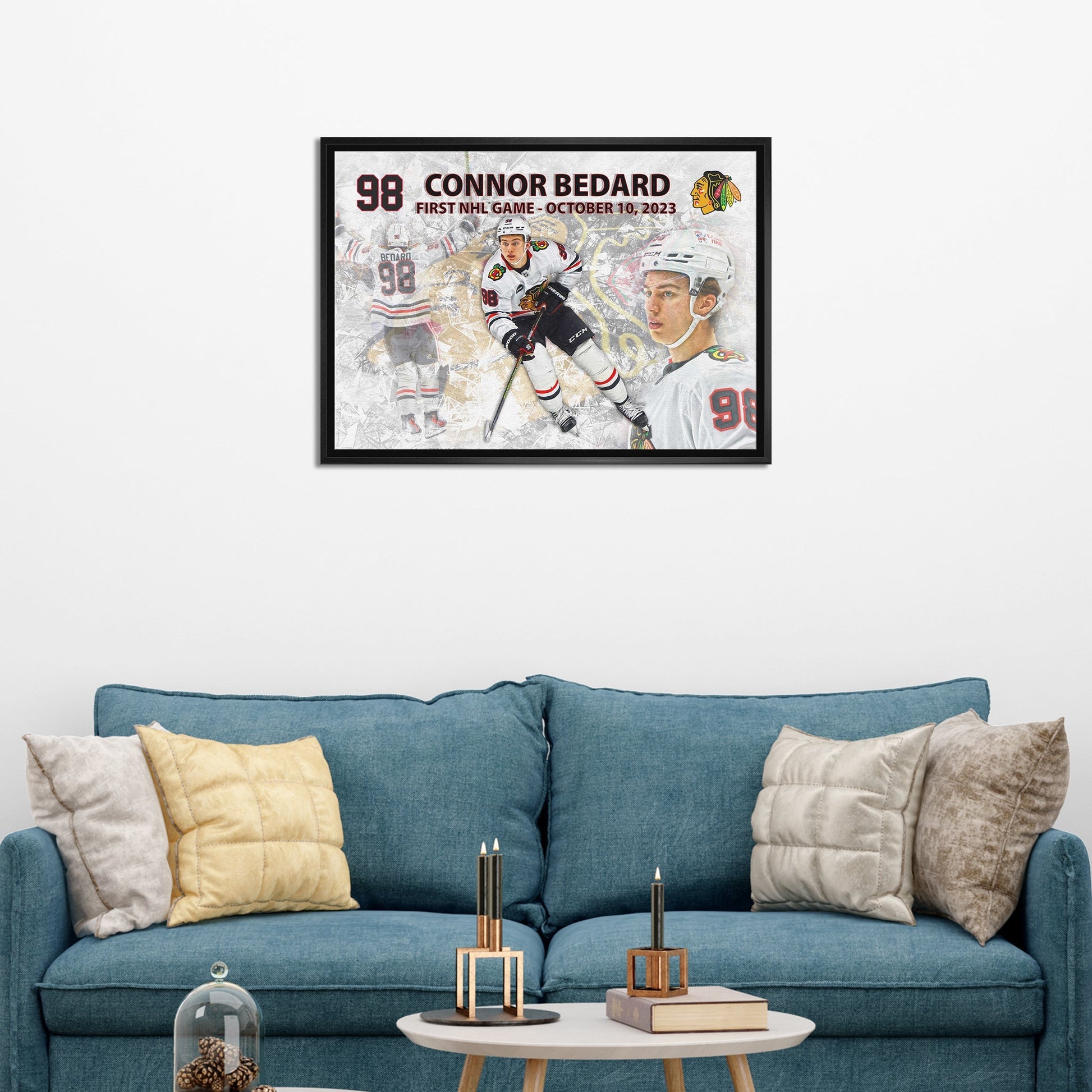 Connor Bedard 20x29 Framed Canvas Blackhawks First Game Frameworth Sports Marketing