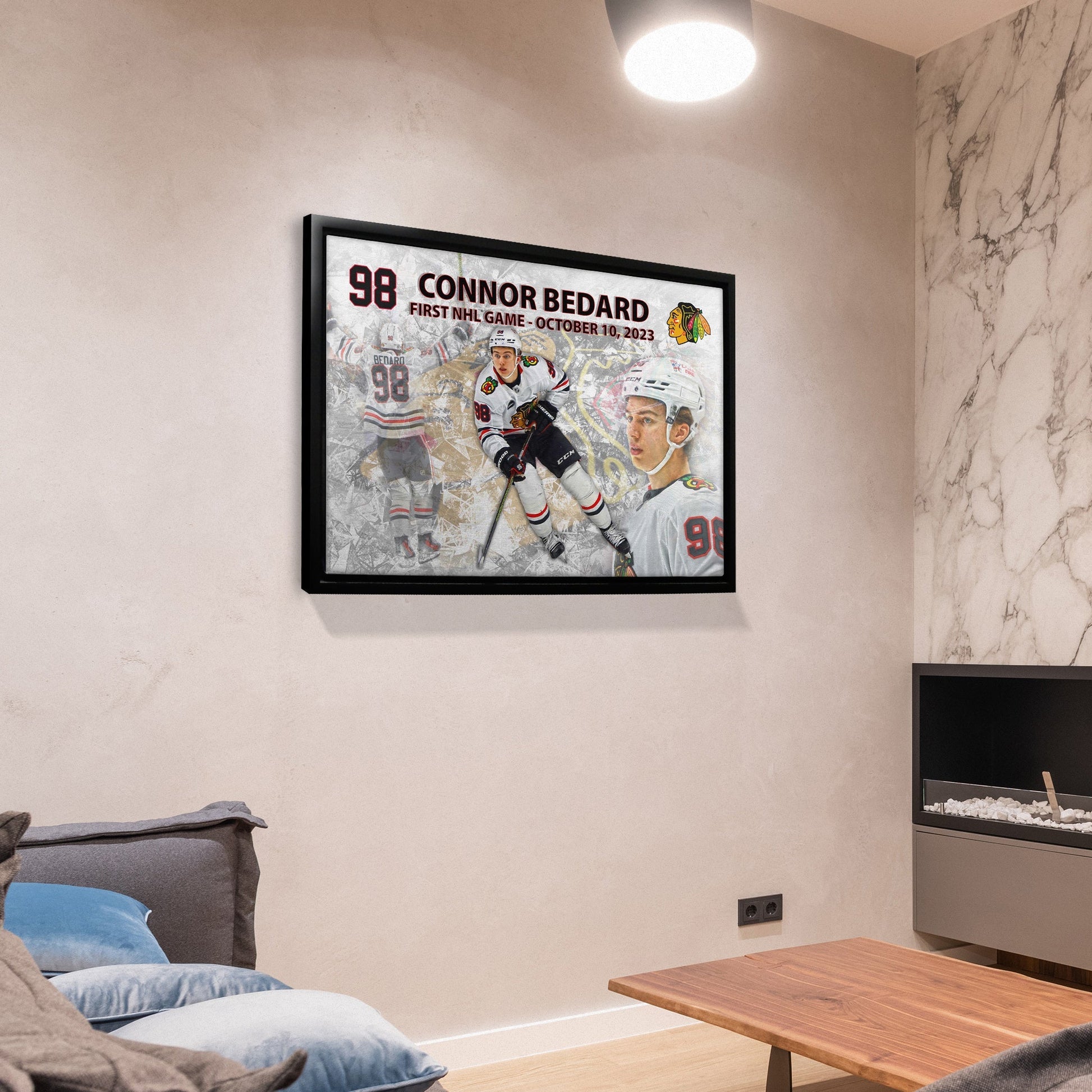 Connor Bedard 20x29 Framed Canvas Blackhawks First Game Frameworth Sports Marketing