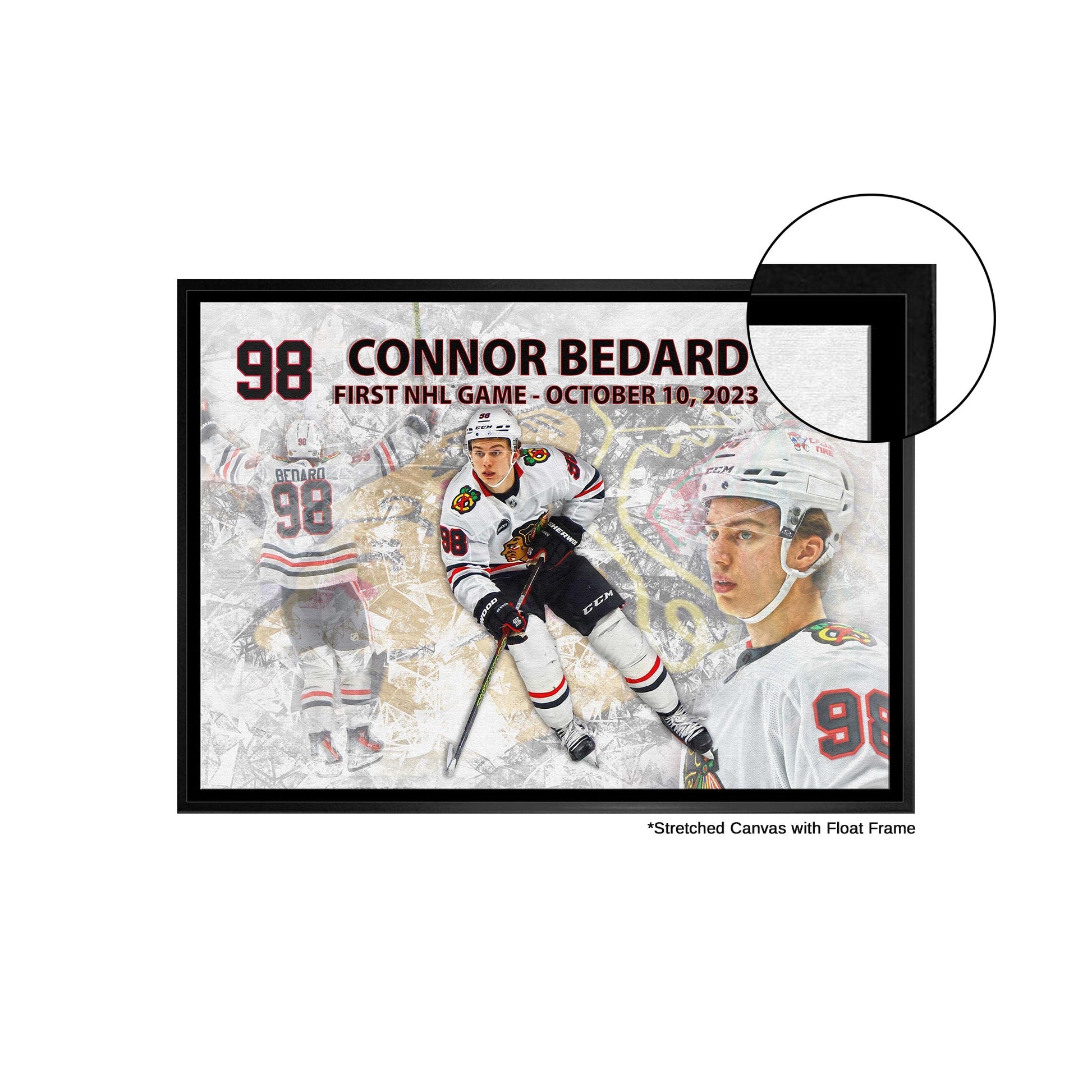 Connor Bedard 20x29 Framed Canvas Blackhawks First Game Frameworth Sports Marketing