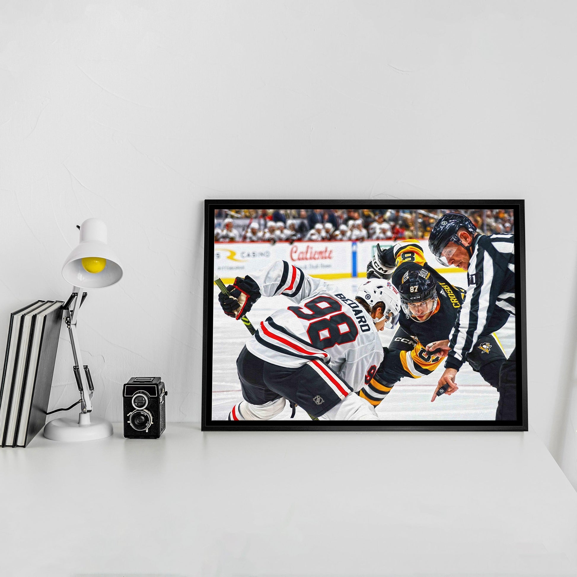 Connor Bedard 20x29 Framed Canvas Blackhawks vs Crosby Frameworth Sports Marketing